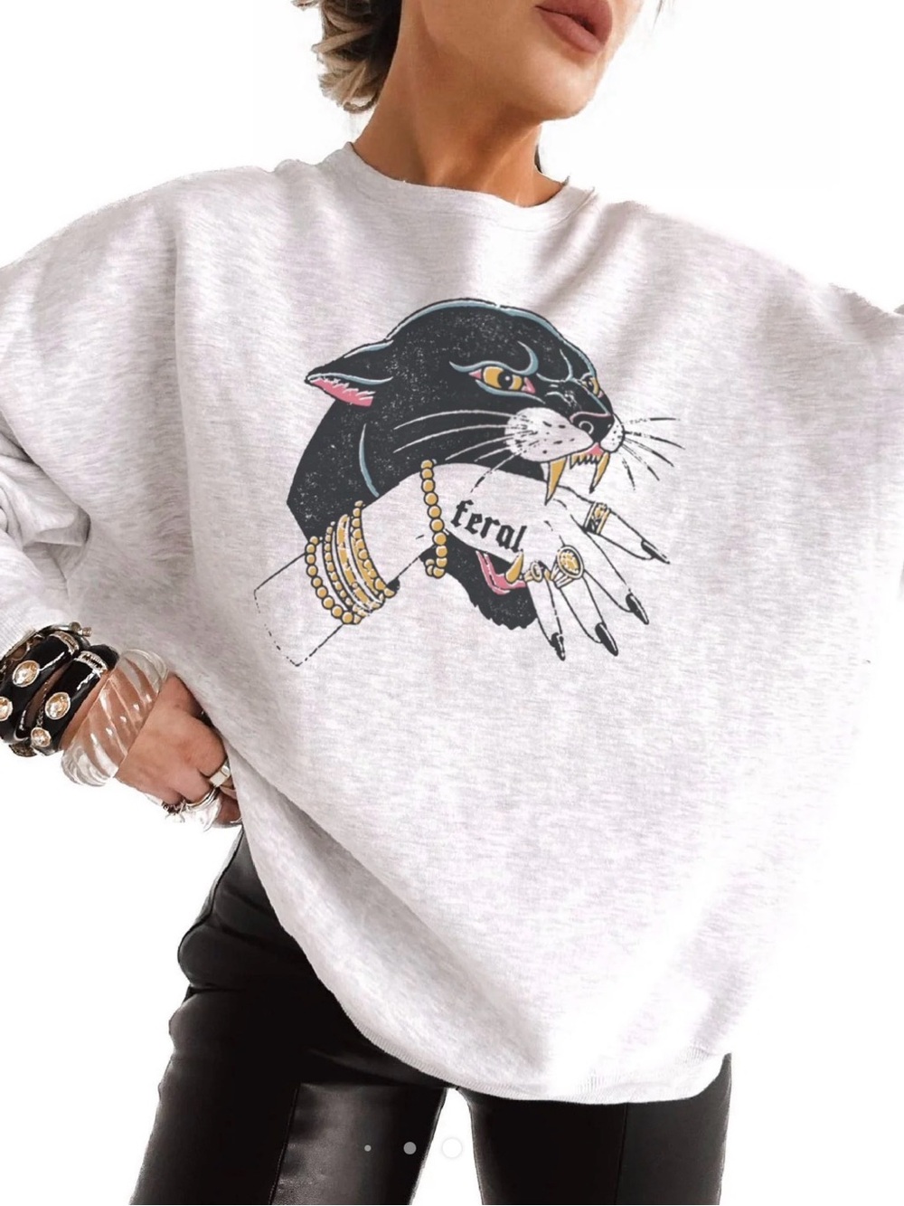 Light Gray Panther Graphic Sweatshirt - Feral Motif WORN ONCE